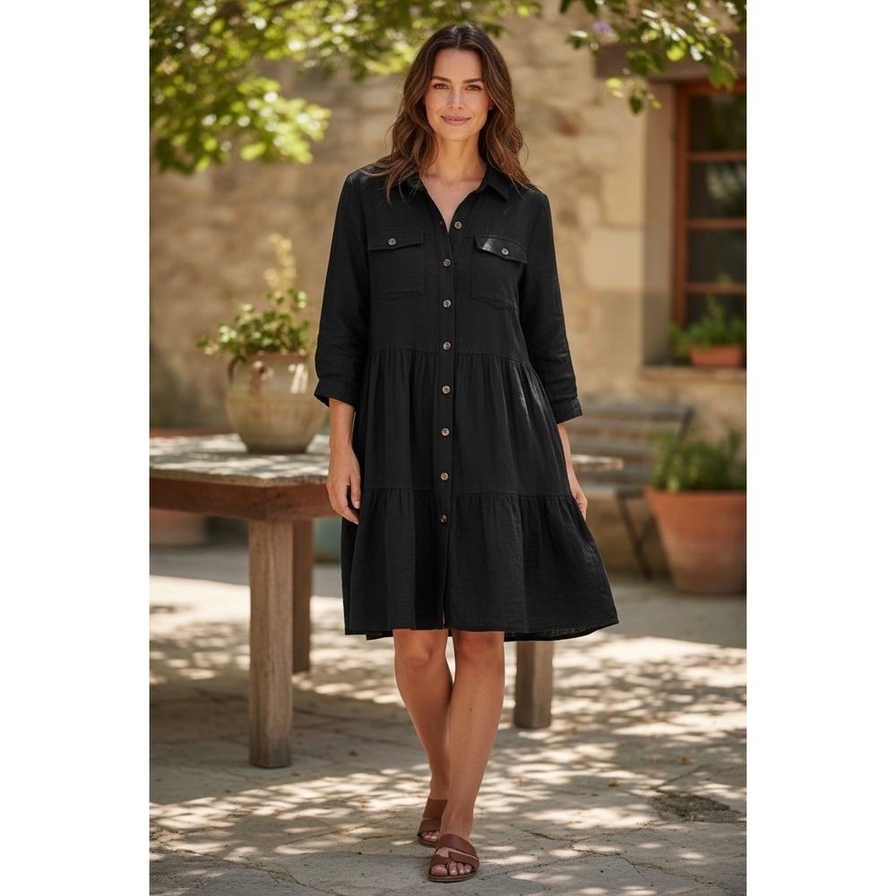 White Birch Black Button-Up Long Sleeve Dress